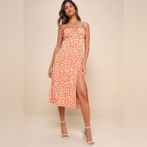 Lulus Orange and White Patterned Midi Dress NWT